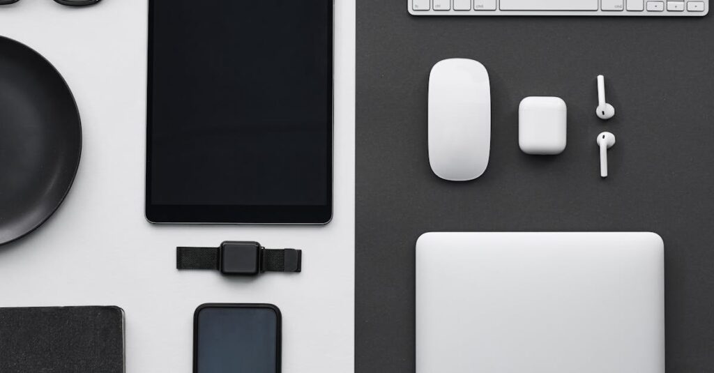 Stylish flatlay of modern tech Smart Gadgets Under £50 That Upgrade Your Daily Life.